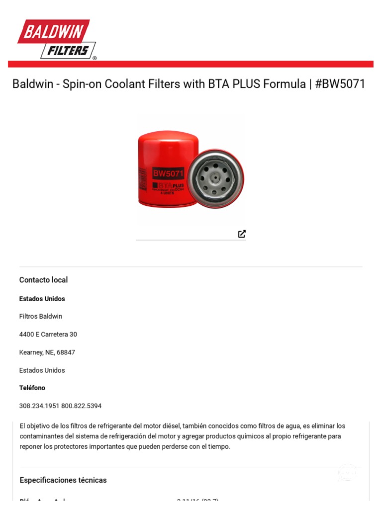 BW5071 Baldwin SpinOn Coolant Filters With BTA PLUS Formula