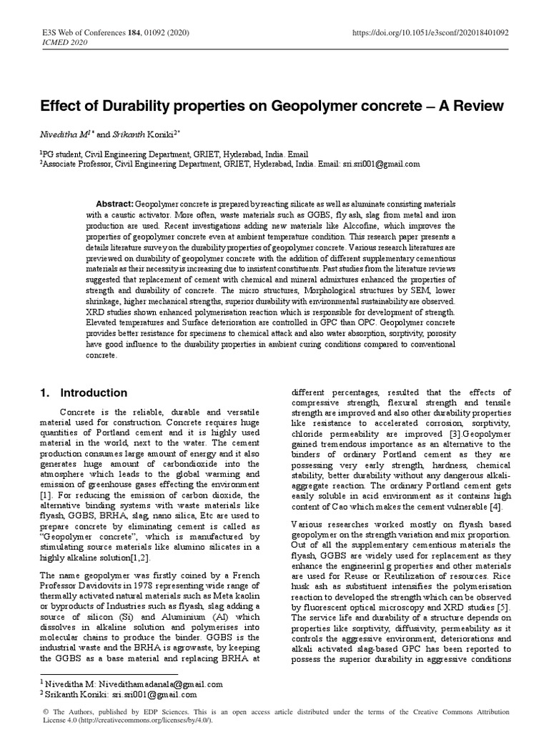 2020 Effect of Durability Properties On Geopolymer Concrete - A Review ...