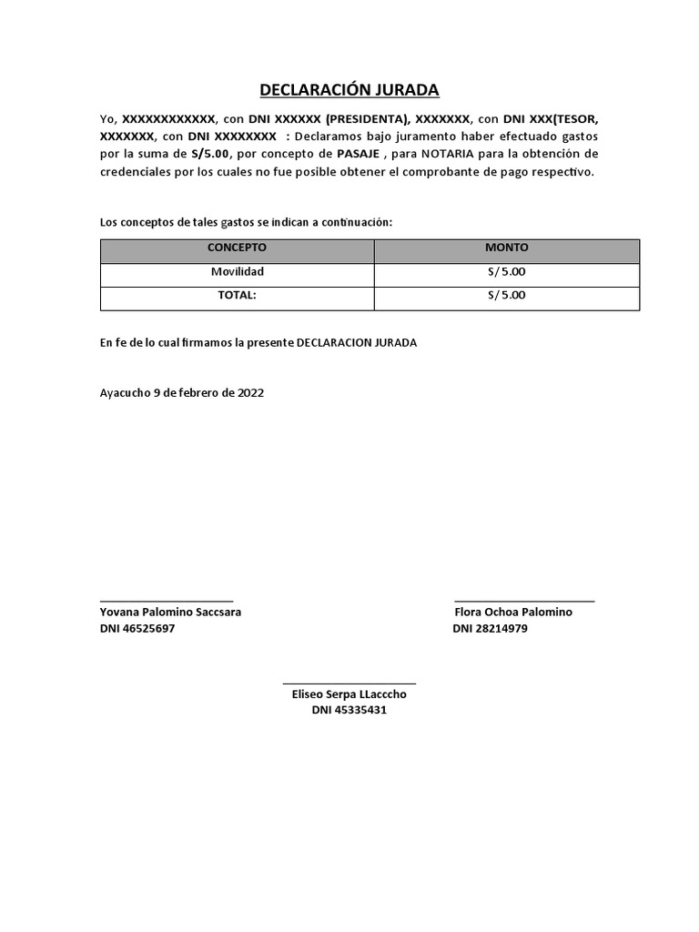 Modelo de Declaración Jurada de Gastos | PDF