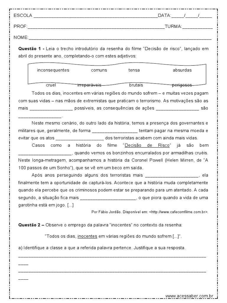 Atividade de Portugues Adjetivos Resenha Do Filme Decisão de Risco 9º ...