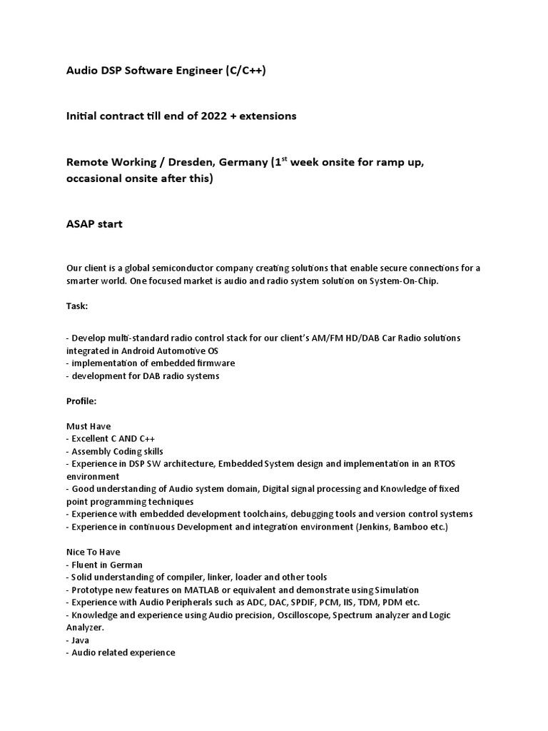 Audio DSP Software Engineer (C C++) - Remote, Dresden Germany | PDF ...