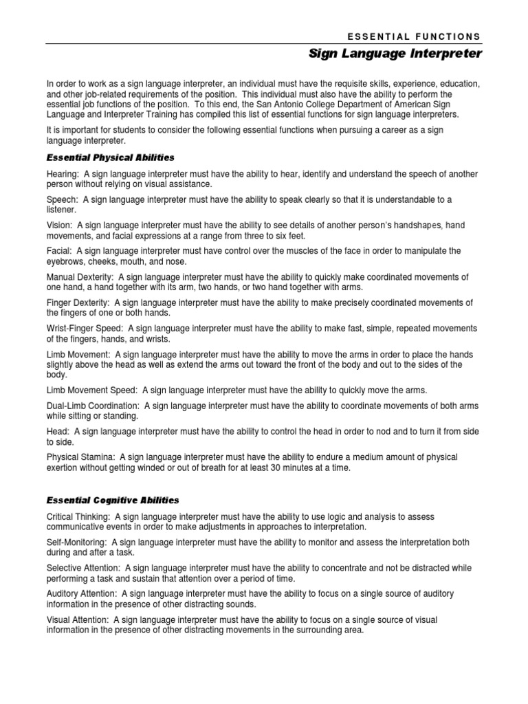 Essential Functions - Interpreter | PDF | Sign Language | Language ...