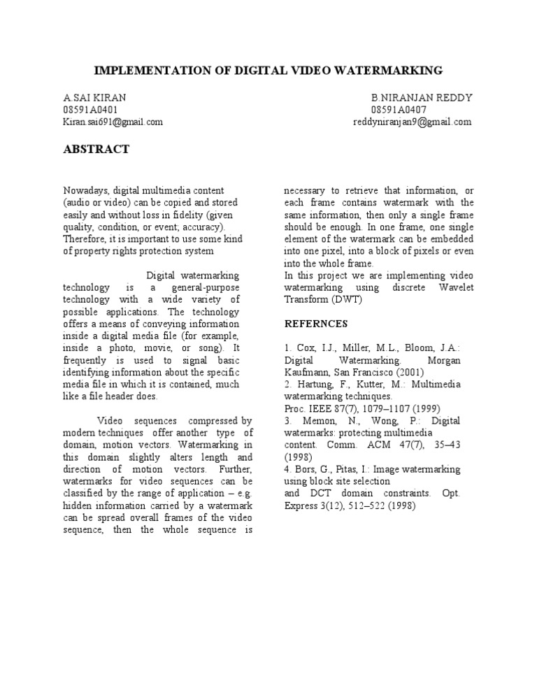 Digital Video Watermarking Implementation | PDF | Video | Data Compression