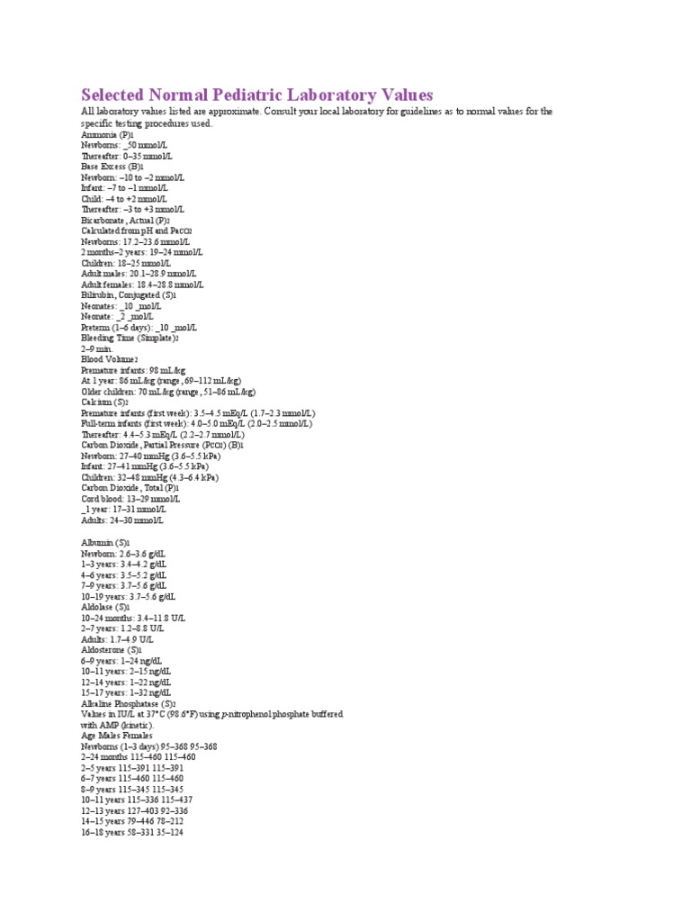 Pediatric Laboratory Normal Values Guide | PDF | Creatinine | Glycated ...