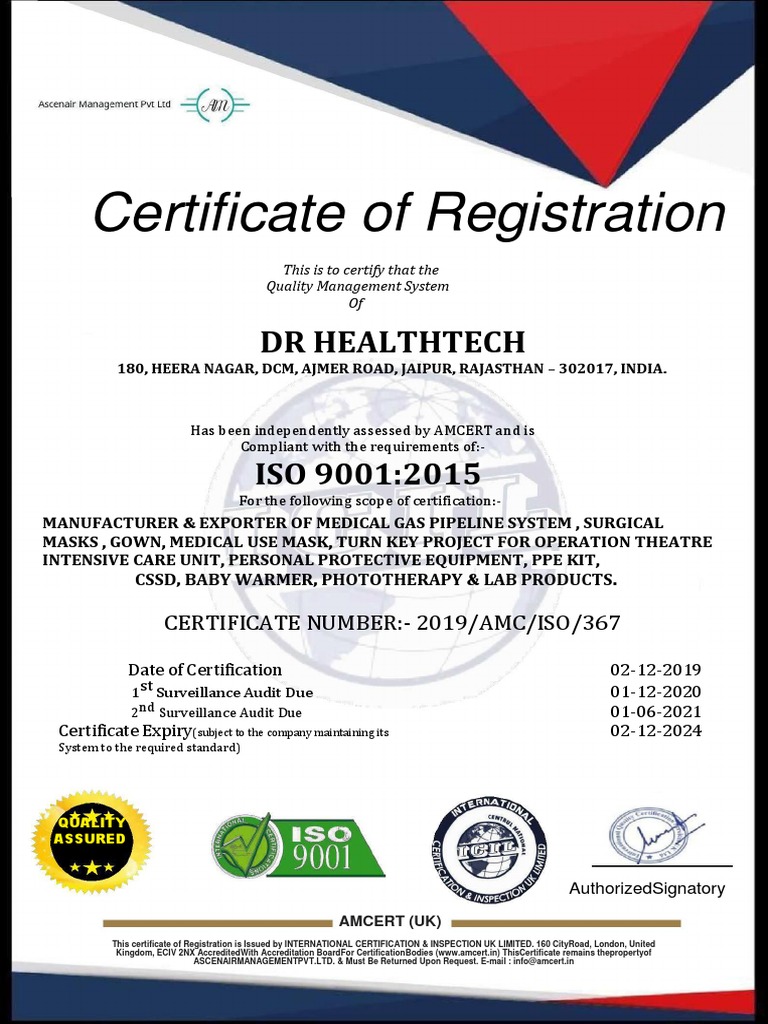 Certificate of Compliance for DR HEALTHTECH's Quality Management System