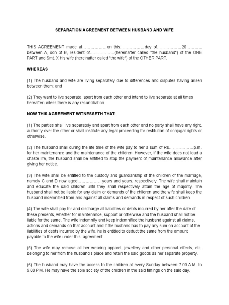Separation Agreement Between Husband and Wife PDF Indemnity