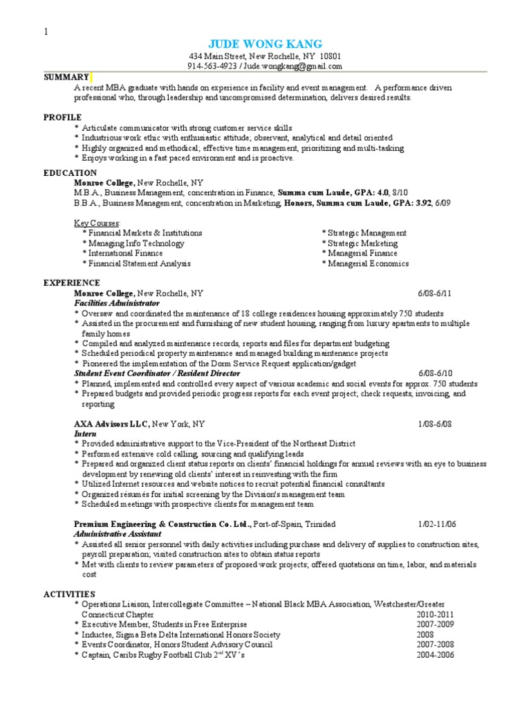 Resume CV Manager Trinidad Jude Wong Kang Master Of Business