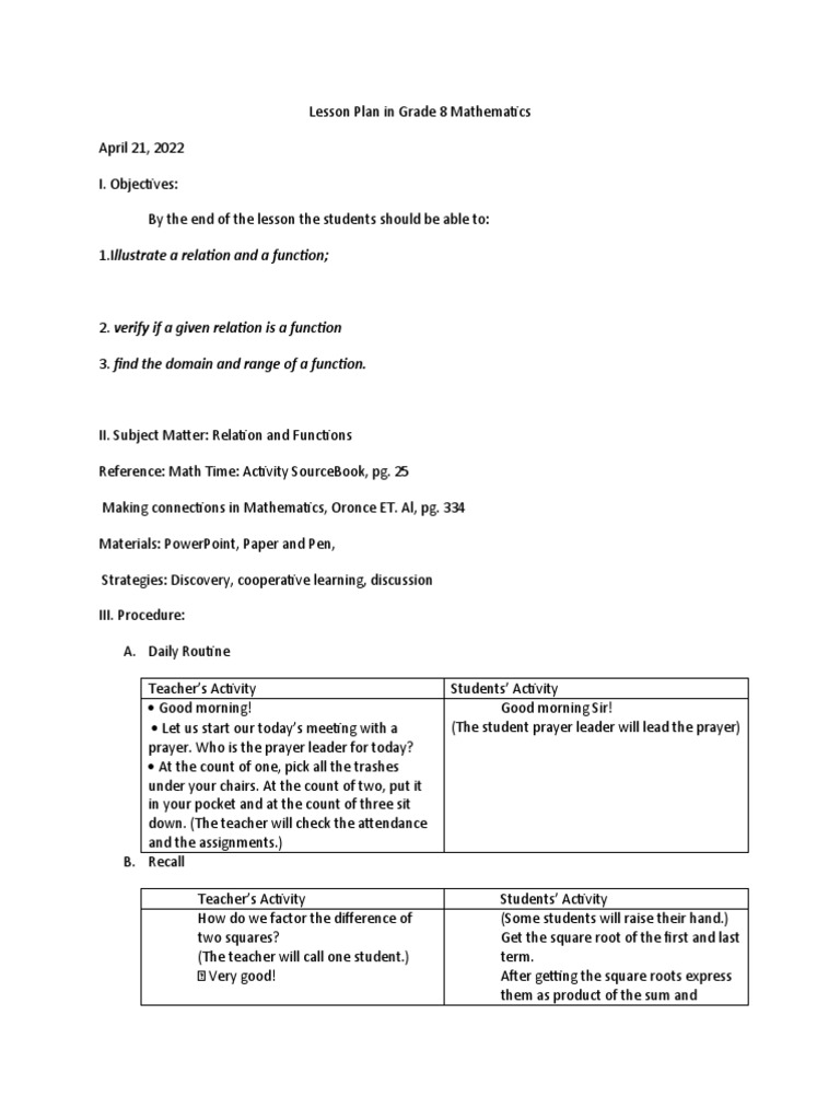 Lesson Plan in Grade 8 Mathematics PDF Function (Mathematics