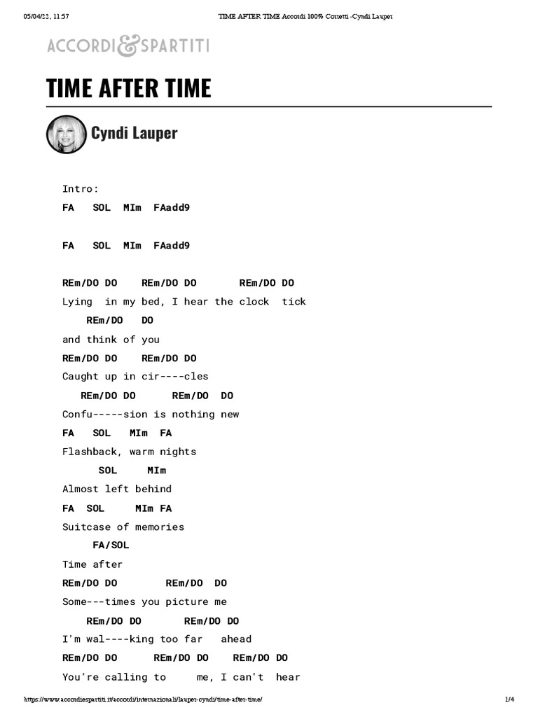 Guitar Chords Time After Time, Cyndi Lauper, – XANH