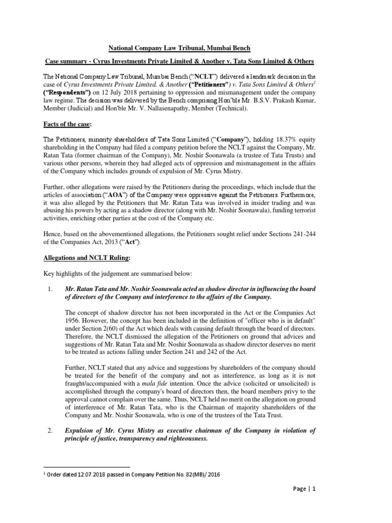 Case Summary Cyrus Investments Private Limited Another vs. Tata Sons
