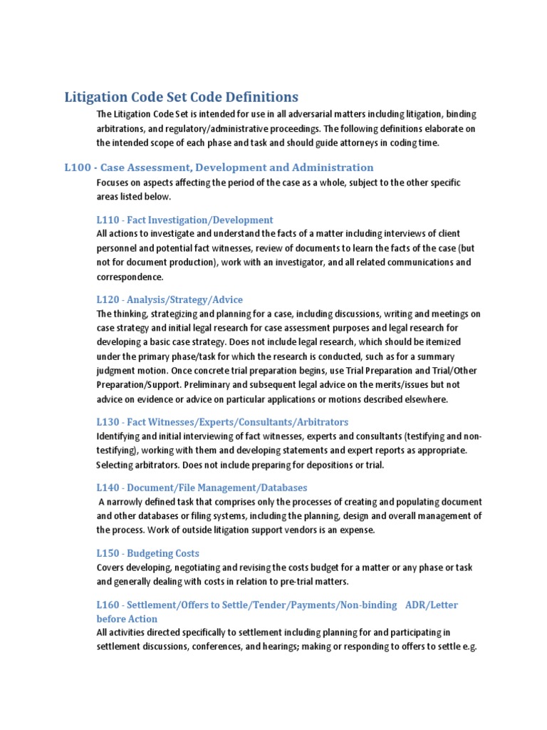 Litigation Code Set Code Definitions L100 Case Assessment