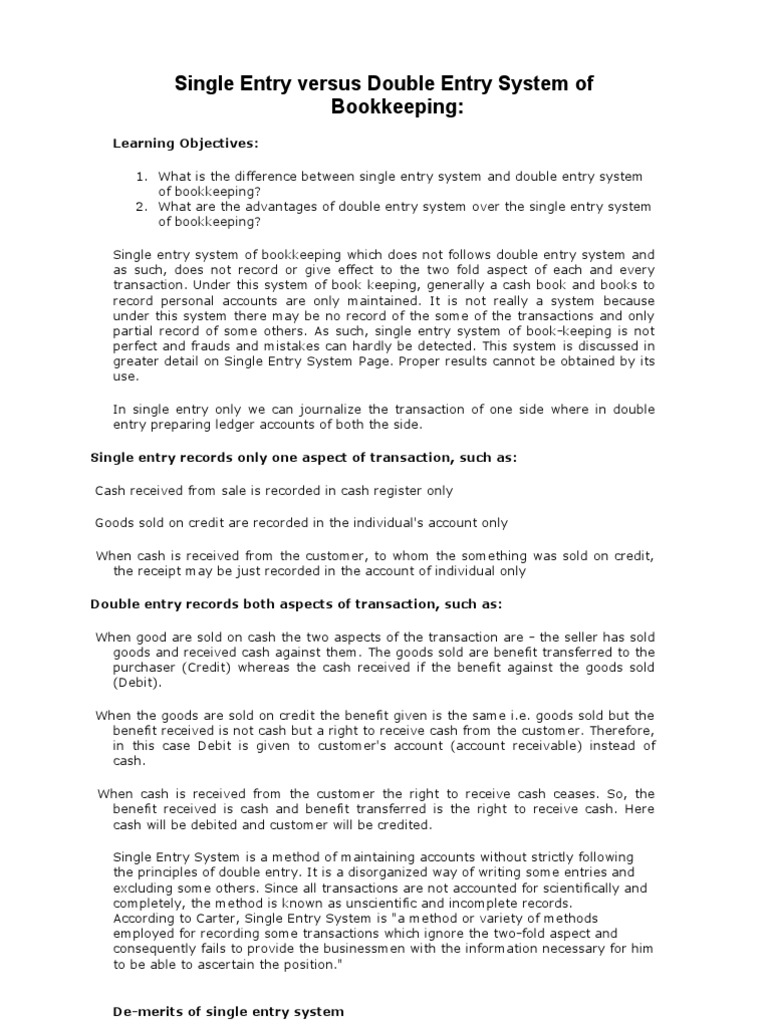 Bookkeeping Single Entry and Double Entry | PDF | Debits And Credits ...