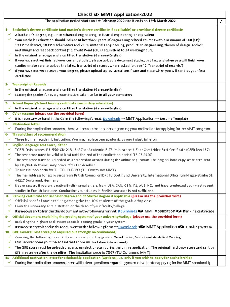 MMT Application Checklist 2022 | PDF | Academic Degree | Bachelor's Degree