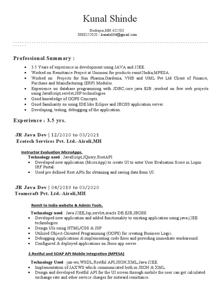 Kunal Shinde: Java Developer Profile | PDF | Spring Framework | Java ...