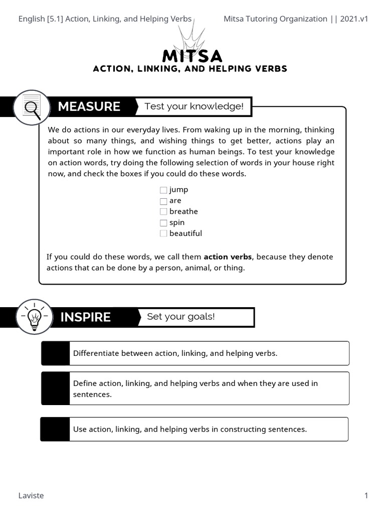 English (5.1) Action, Linking, and Helping Verbs | PDF | Verb | Subject ...