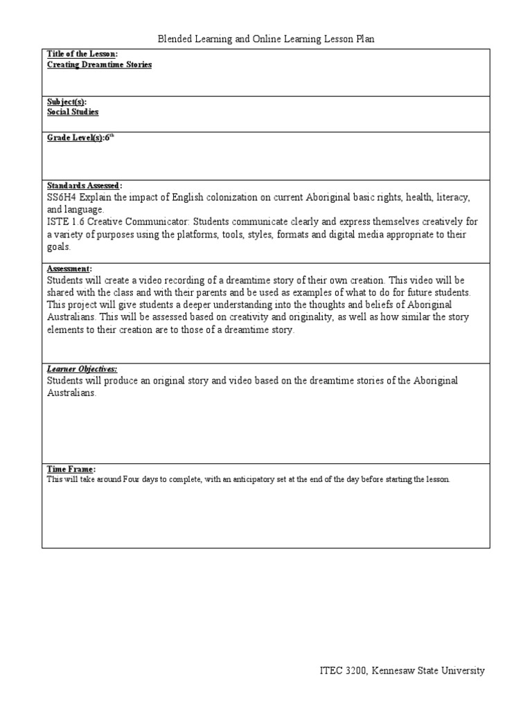 Dreamtime Stories Lesson Plan for 6th Grade | PDF