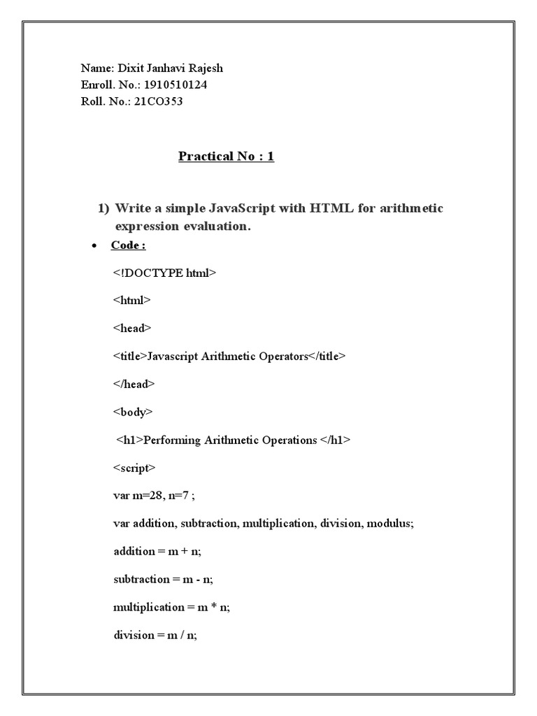 Practical No: 1: 1) Write A Simple Javascript With HTML For Arithmetic ...
