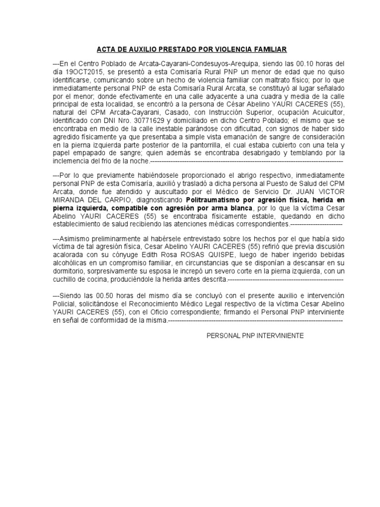 Acta de Auxilio Prestado Por Violencia Familiar | PDF | Violencia ...