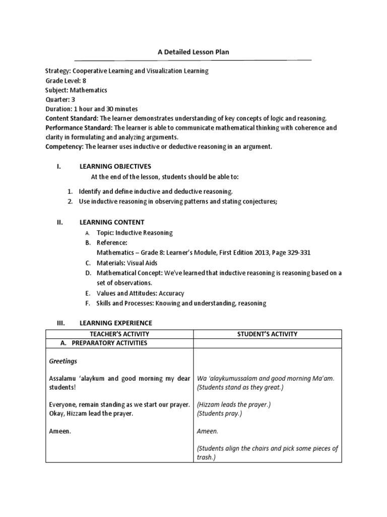 Detailed Lesson Plan | PDF | Inductive Reasoning | Teaching Mathematics