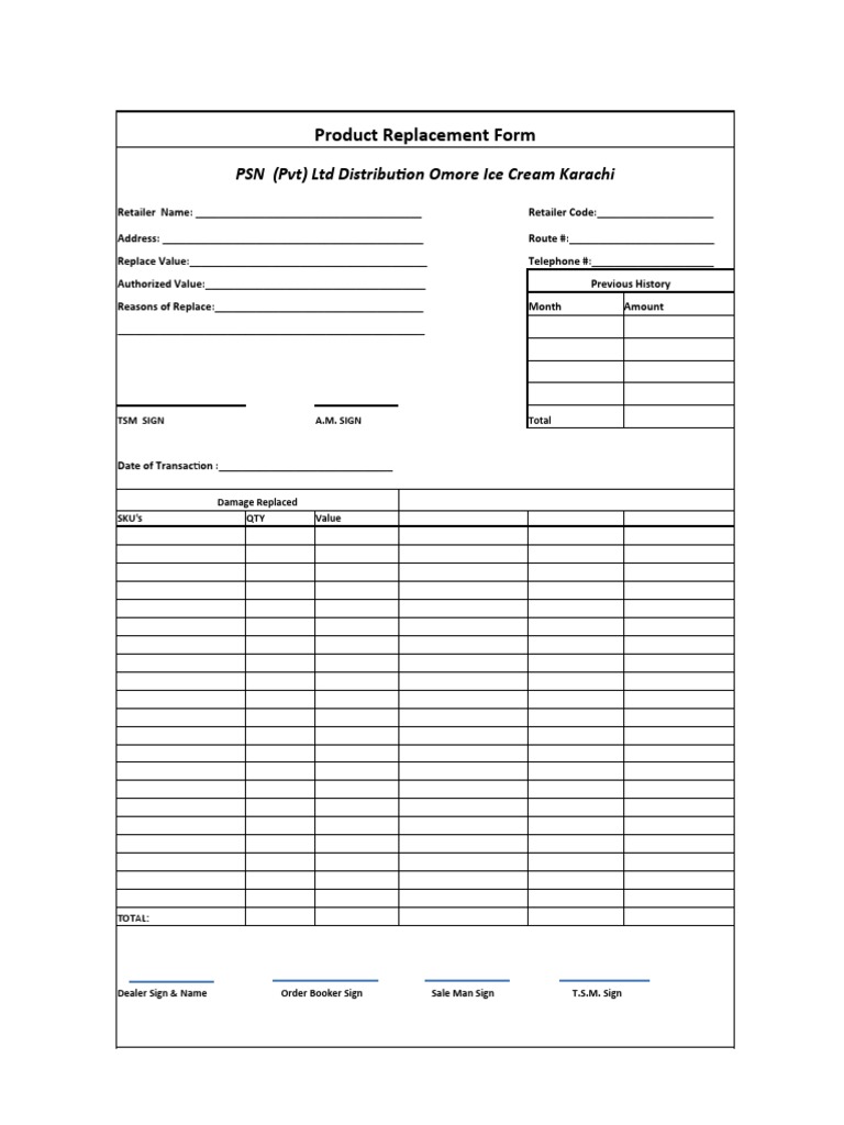 Product Replacement Form: PSN (PVT) LTD Distribution Omore Ice Cream ...