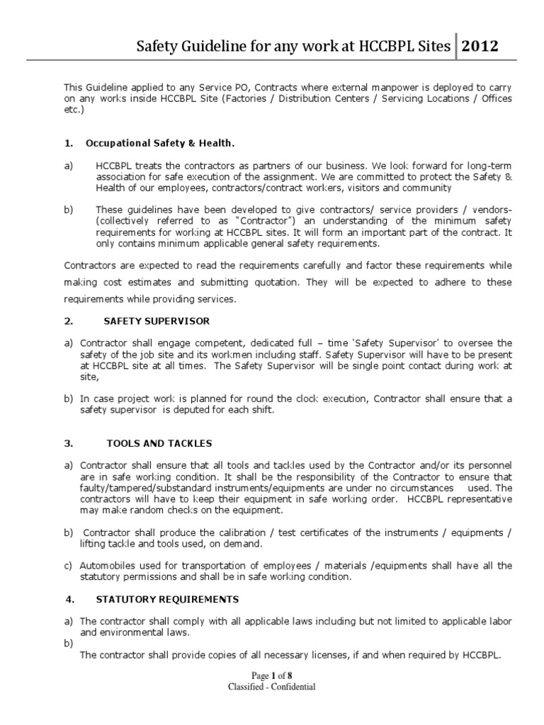 HCCBPL Safety Guidelines for Contractors | PDF | Personal Protective ...