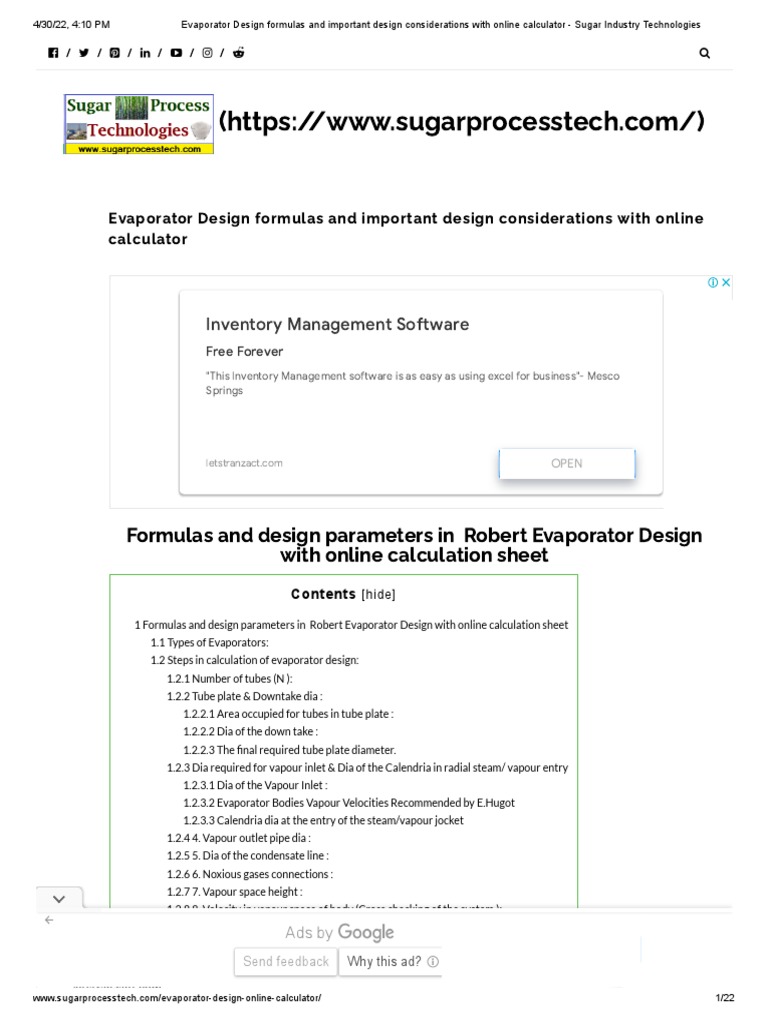 Evaporator Design Formulas and Important Design Considerations With