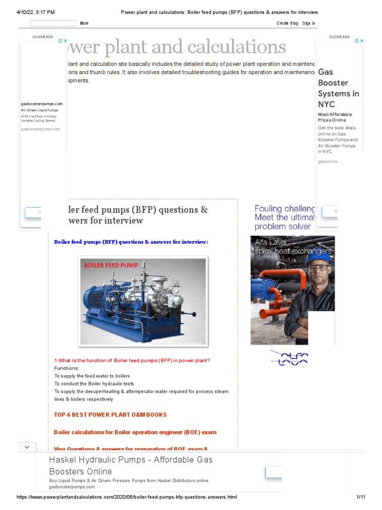 Power Plant and Calculations Boiler Feed Pumps (BFP) Questions