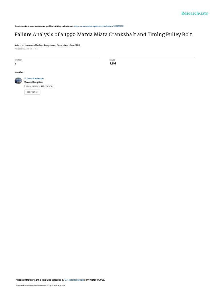 Failure Analysis of a 1990 Mazda Miata Crankshaft and Timing Pulley