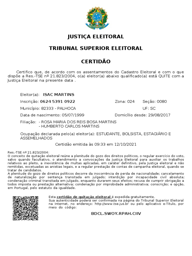 Certidão de Quitação Eleitoral | PDF