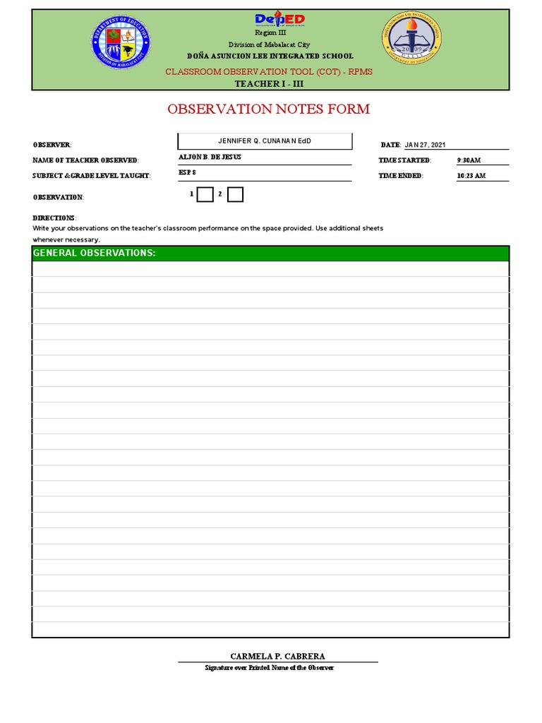 Cot Forms Sy 2021 2022 PDF Learning Intellectual Giftedness