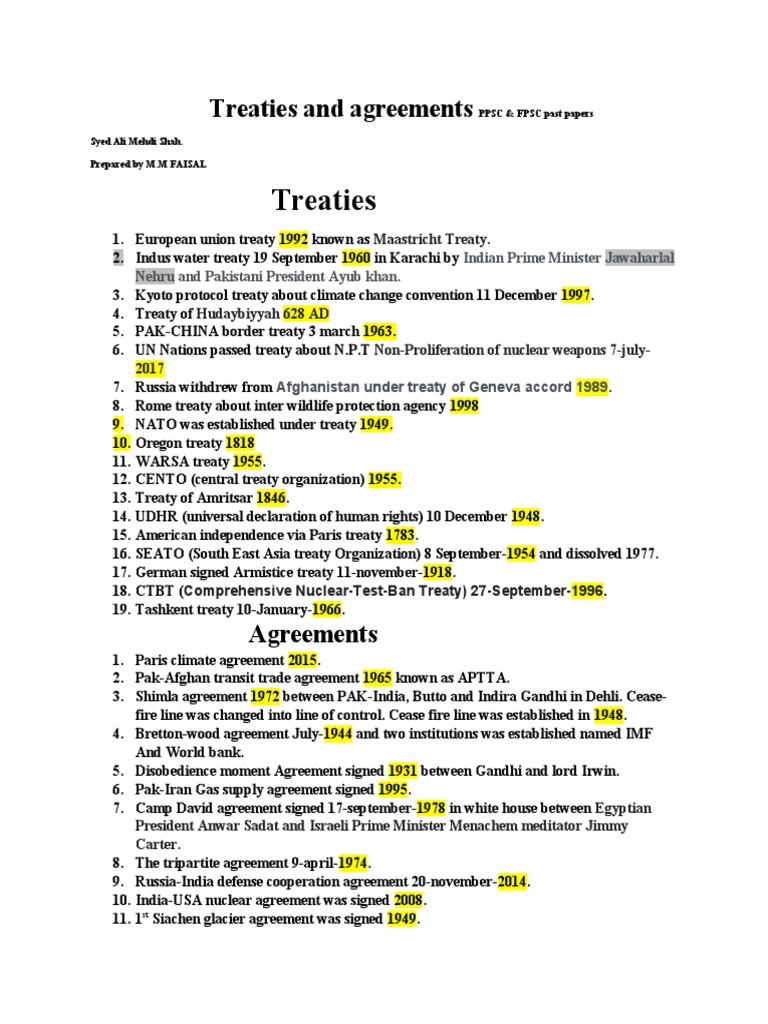 Key International Treaties and Agreements | PDF | Lake | Government