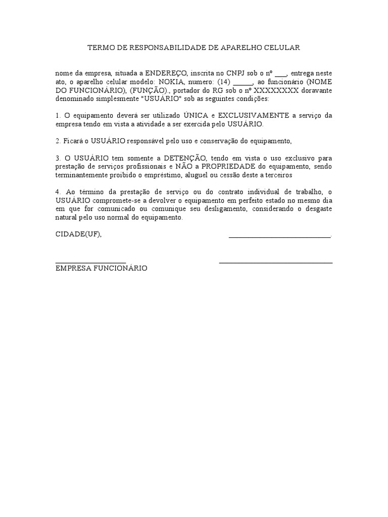 Termo De Responsabilidade De Aparelho Celular