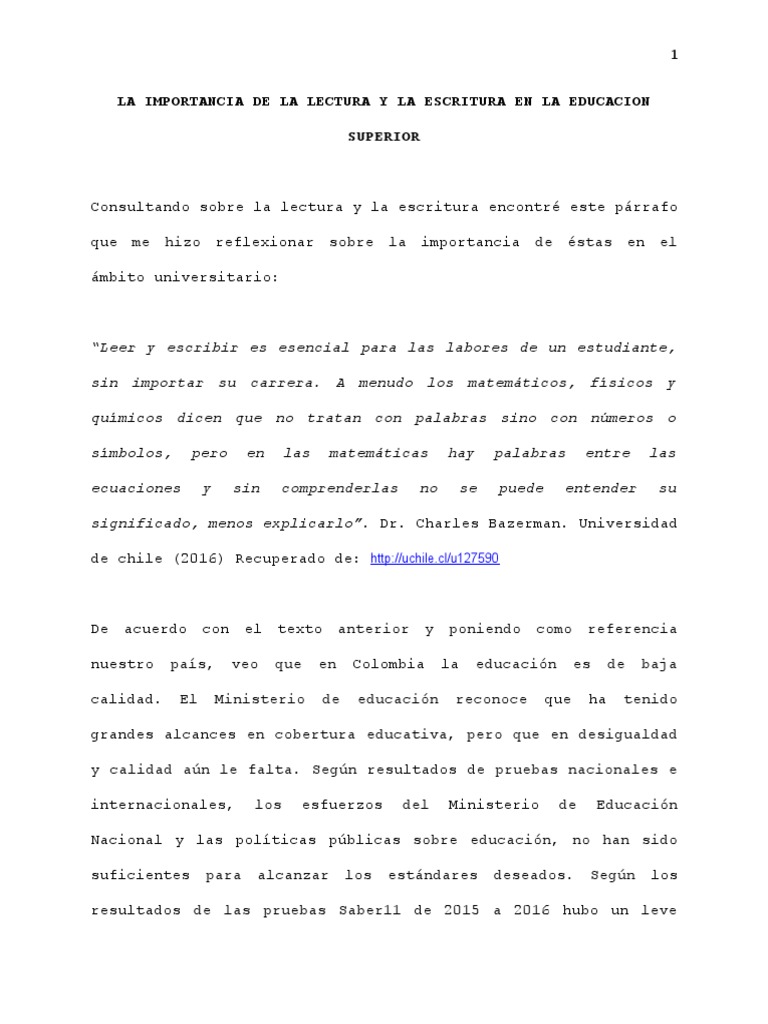 Ensayo La Importancia de La Lectura y La Escritura en La Educacion ...