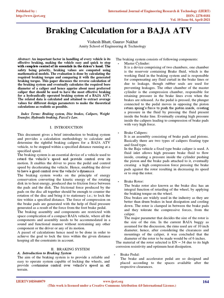 BAJA ATV Braking System Calculations | PDF | Brake | Machines