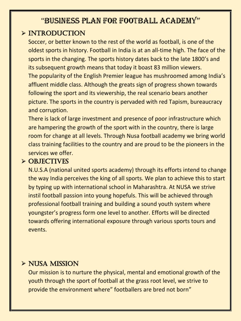 Business Plan For Football Academy PDF Startup Company Small