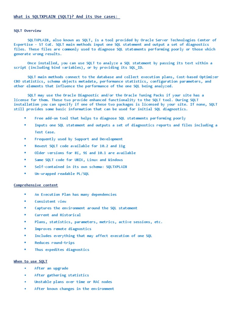 Understanding SQLTXPLAIN (SQLT) Usage | PDF | Sql | Parameter (Computer ...