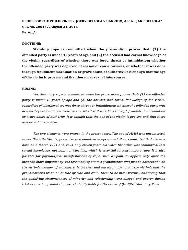 Qualified Statutory Rape Case Summary | PDF