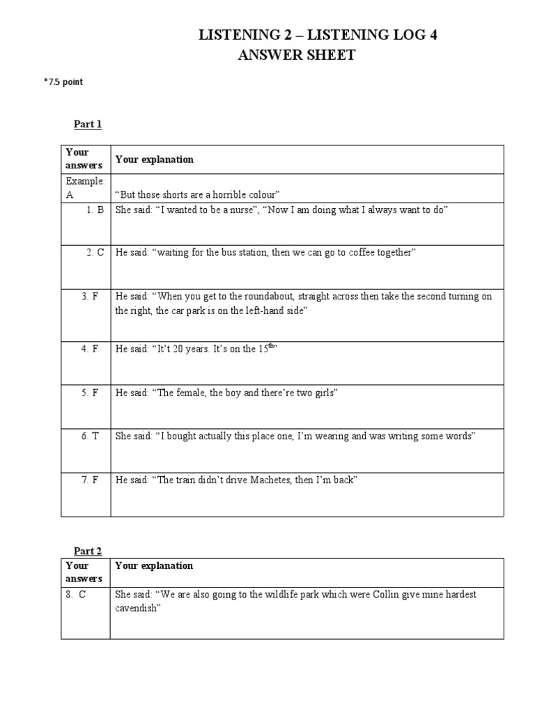 Listening Log 4 Answer Sheet | PDF | Cognitive Science | Linguistics