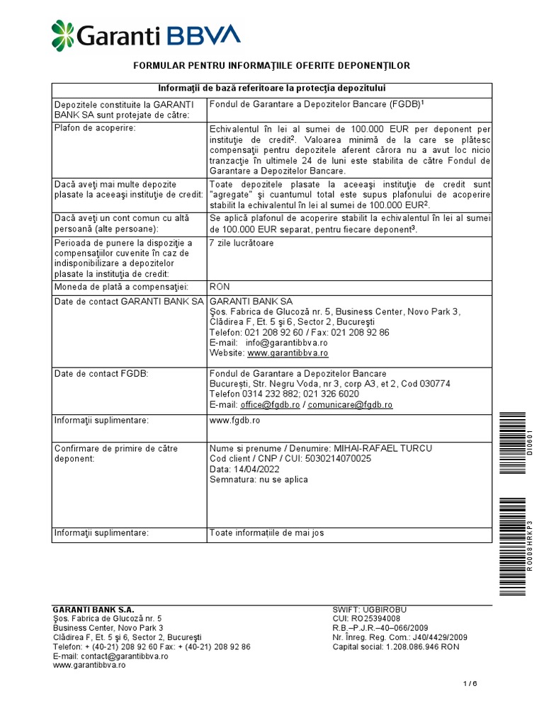 Formular Pentru Informatiile Oferite Deponentilor | PDF