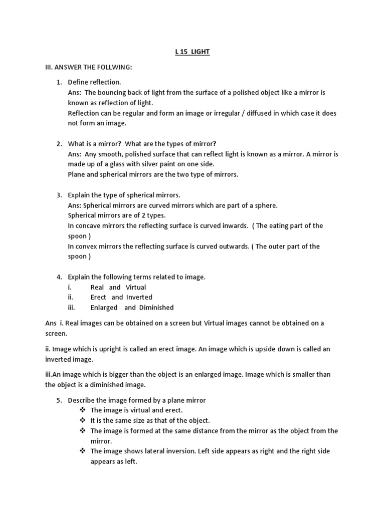 Class 7 Light: Questions & Answers | PDF | Mirror | Electromagnetic ...