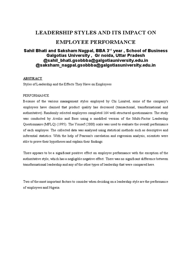 LEADERSHIP STYLES AND ITS IMPACT ON Employee Performance 1 | PDF ...