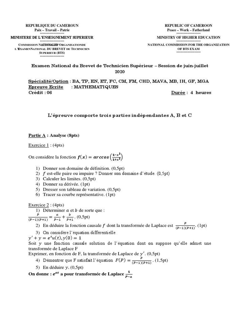 Sujet BTS Maths 2020 Corrigé | PDF | Base (algèbre linéaire) | Fonction ...