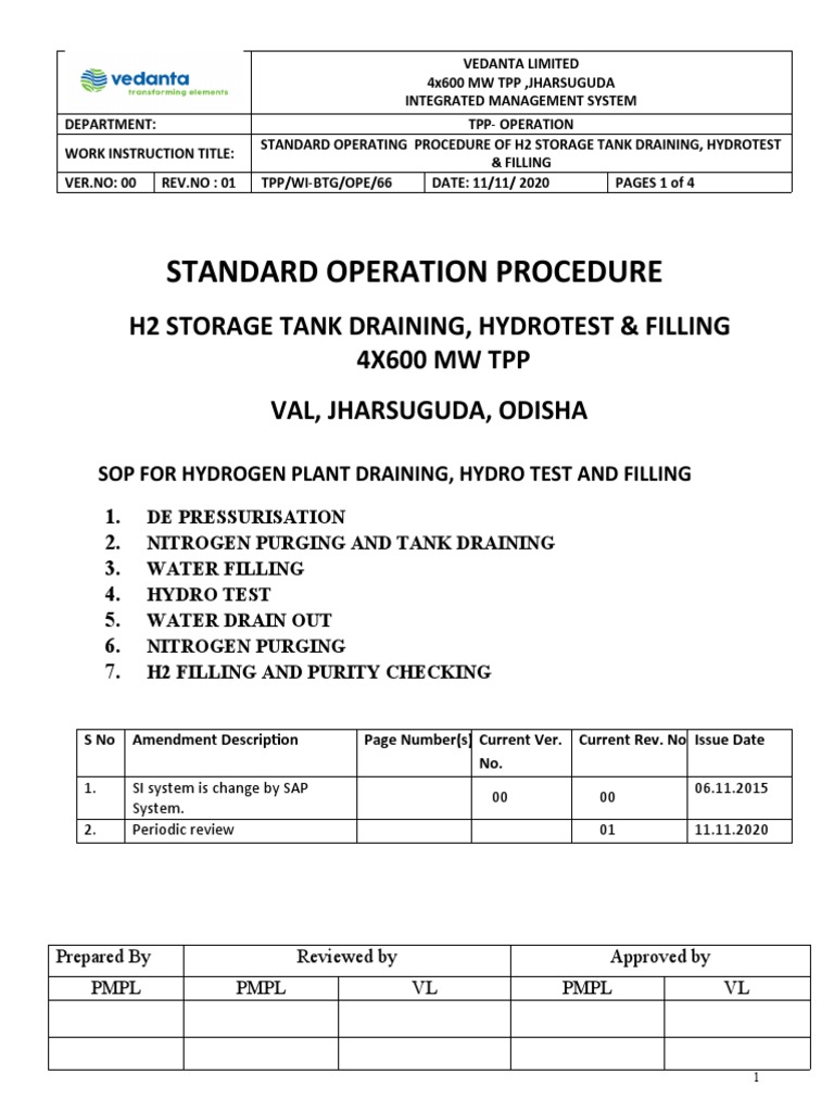 Standard Operation Procedure H2 Storage Tank Draining, Hydrotest & Filling 4X600 MW TPP Val