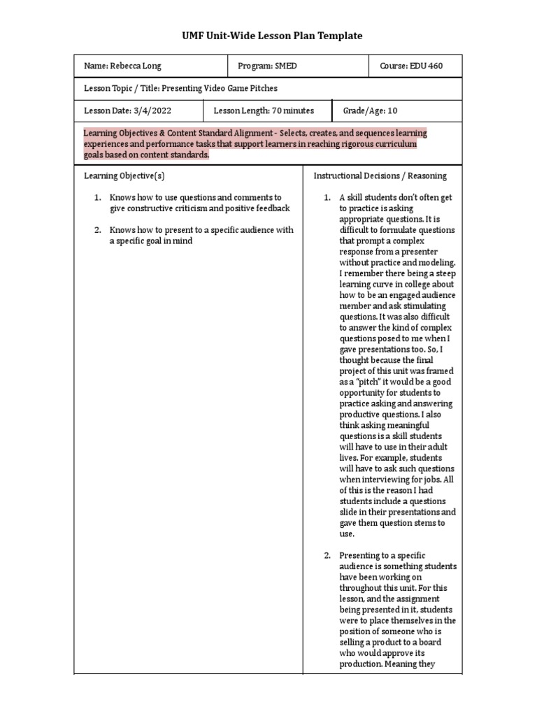 UMF Unit-Wide Lesson Plan Template | PDF | Educational Assessment ...