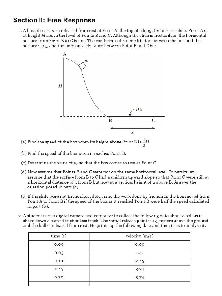 AP Physics 1 FRQ PDF Friction Mass