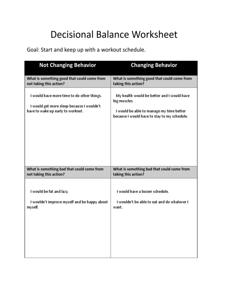 Decisional Balance Worksheet PDF