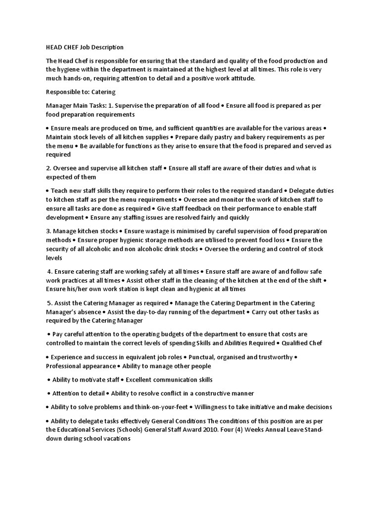 HEAD CHEF Job Description PDF Chef Foods