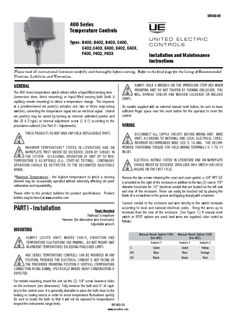 400 Series Temperature Controls: PART I - Installation | PDF | Switch