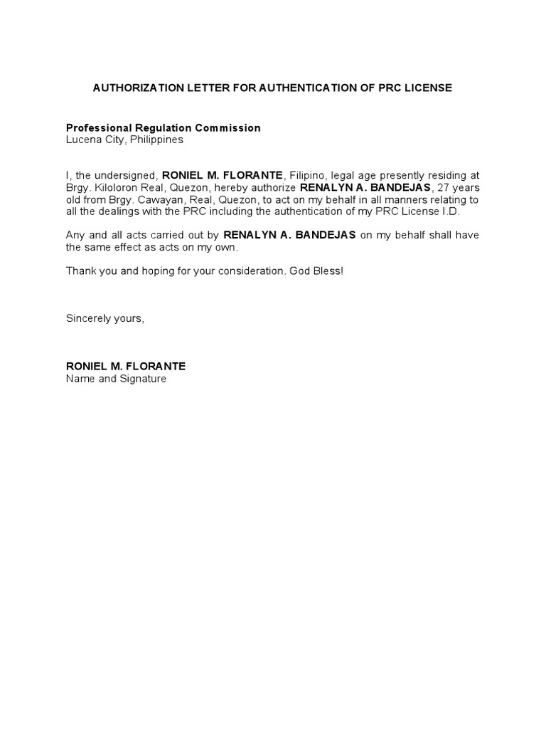 Authorization Letter For Authentication of PRC License | PDF