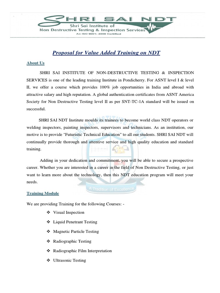 Shri Sai NDT Value Added Training Proposal PDF Nondestructive Testing